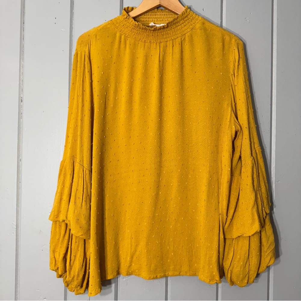 Easel Golden Yellow Swiss Dot Top double Puff‎ Long Sleeve Smocked Mock Neck S